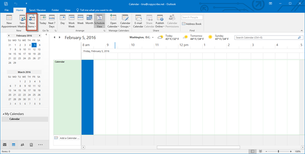 ms outlook 2016 add new calendar